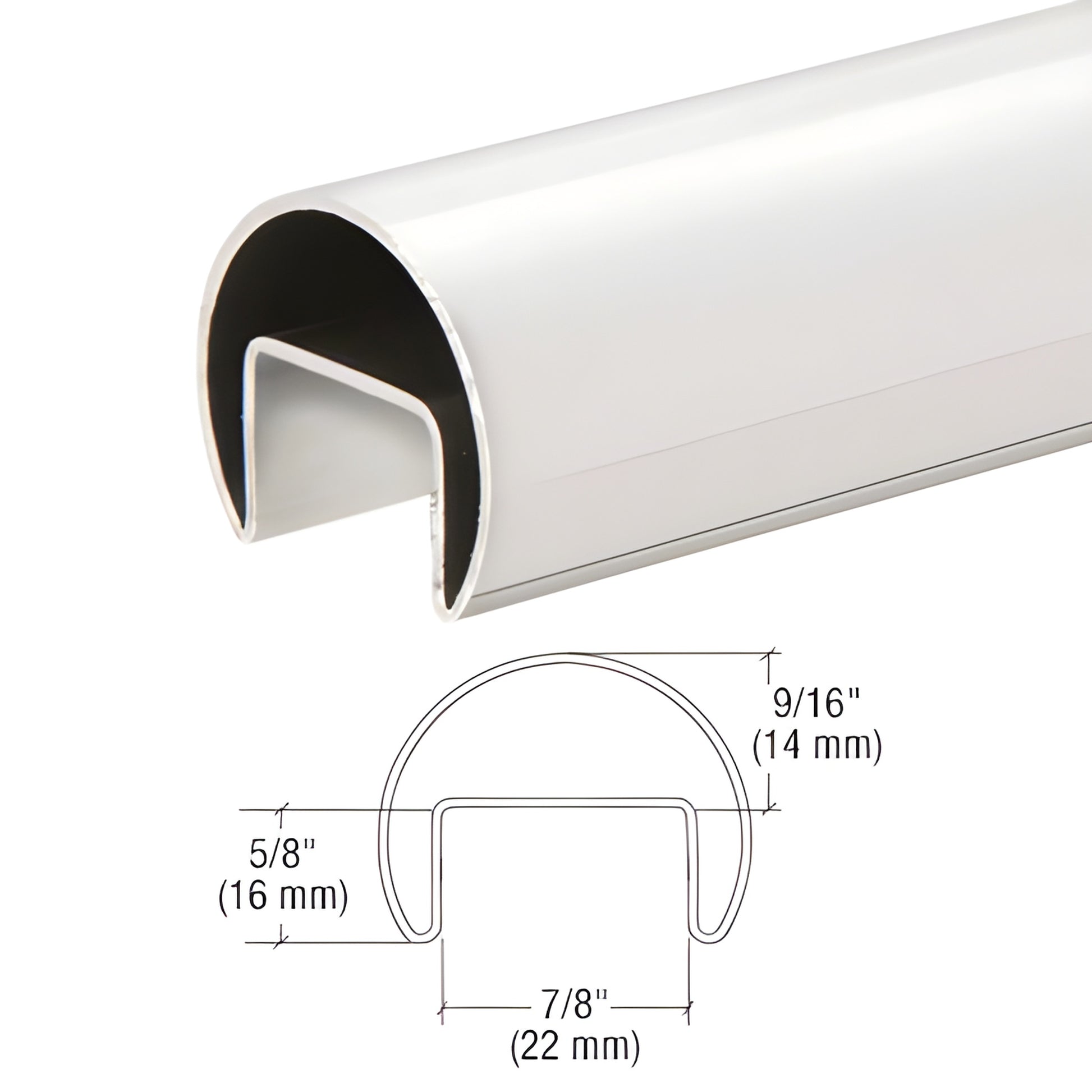 Polished 316 stainless steel 1.5 in roll-formed cap rail for 1/2-5/8 in glass, SKU GRRF15PS