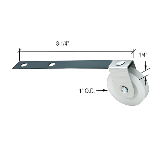 CRL B523 spring tension roller, steel strap with concave 1" nylon wheel, 3-1/4" length, 1/4" width.