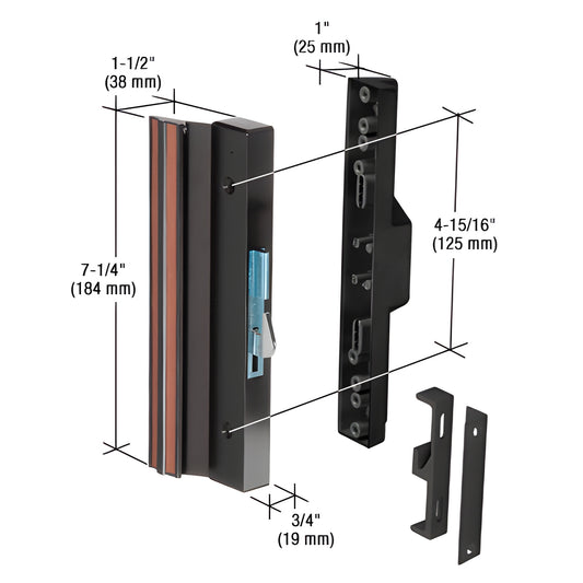 CRL C1125 black surface-mounted hook-style door handle set, aluminum, reversible latch, 7-1/4" height, includes keeper.