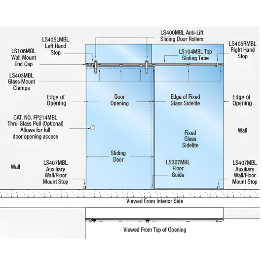 Diagram of Laguna glass-mount single sliding door kit LSGM5MBL showing top track, rollers, clamps, sliding door and sidelite.