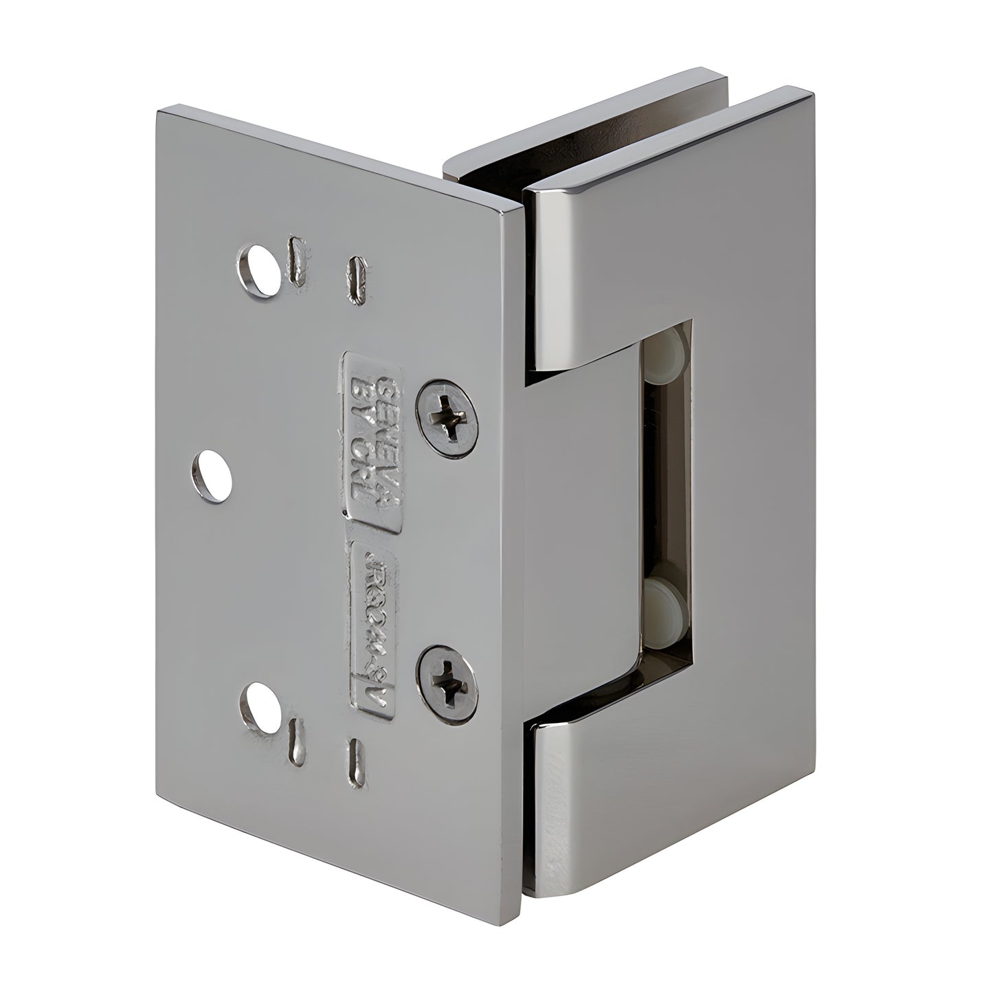 Polished nickel brass Junior Geneva glass shower hinge, wall-mount offset back plate for 1/4-5/16 glass (SKU JRG044PN)