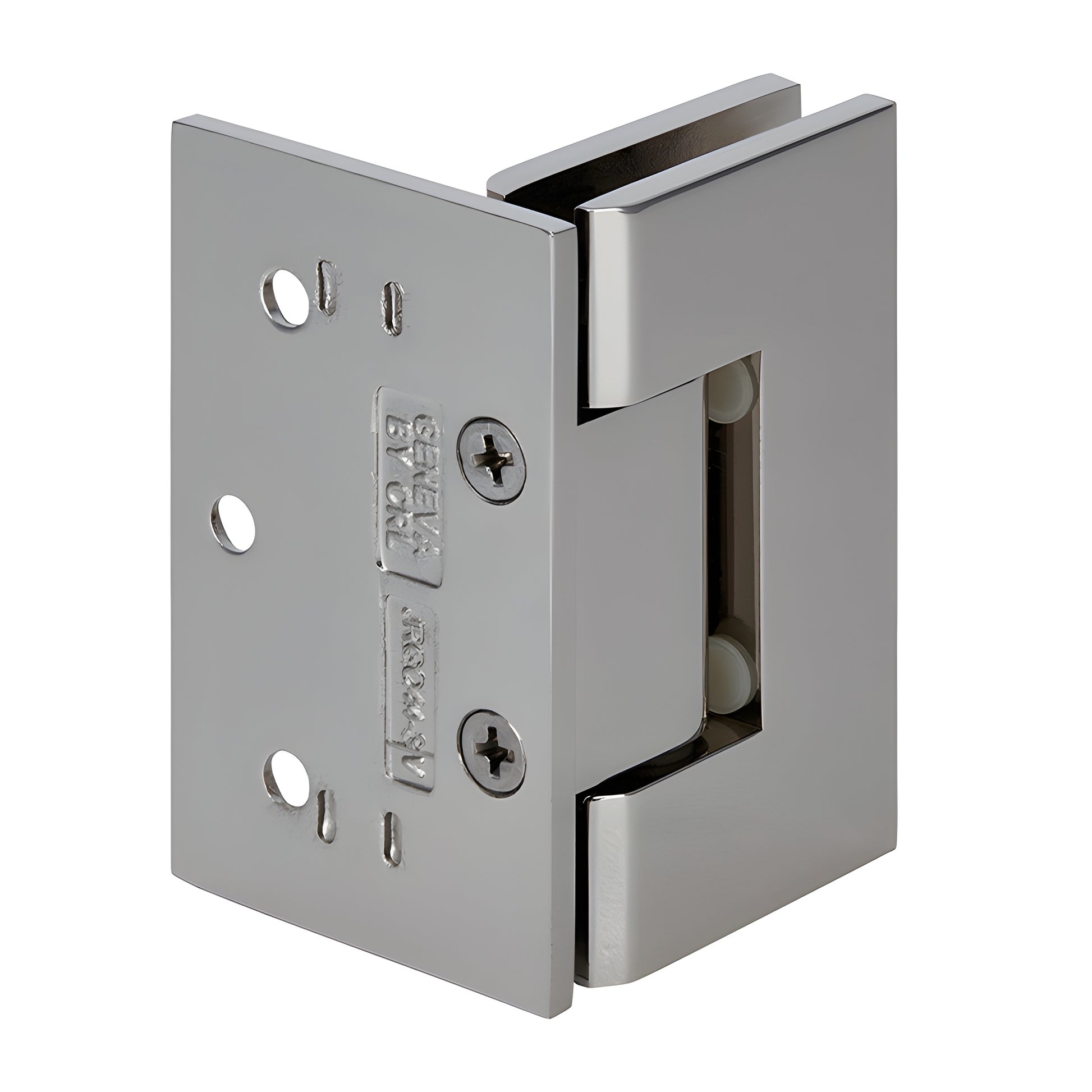 Polished nickel brass Junior Geneva glass shower hinge, wall-mount offset back plate for 1/4-5/16 glass (SKU JRG044PN)