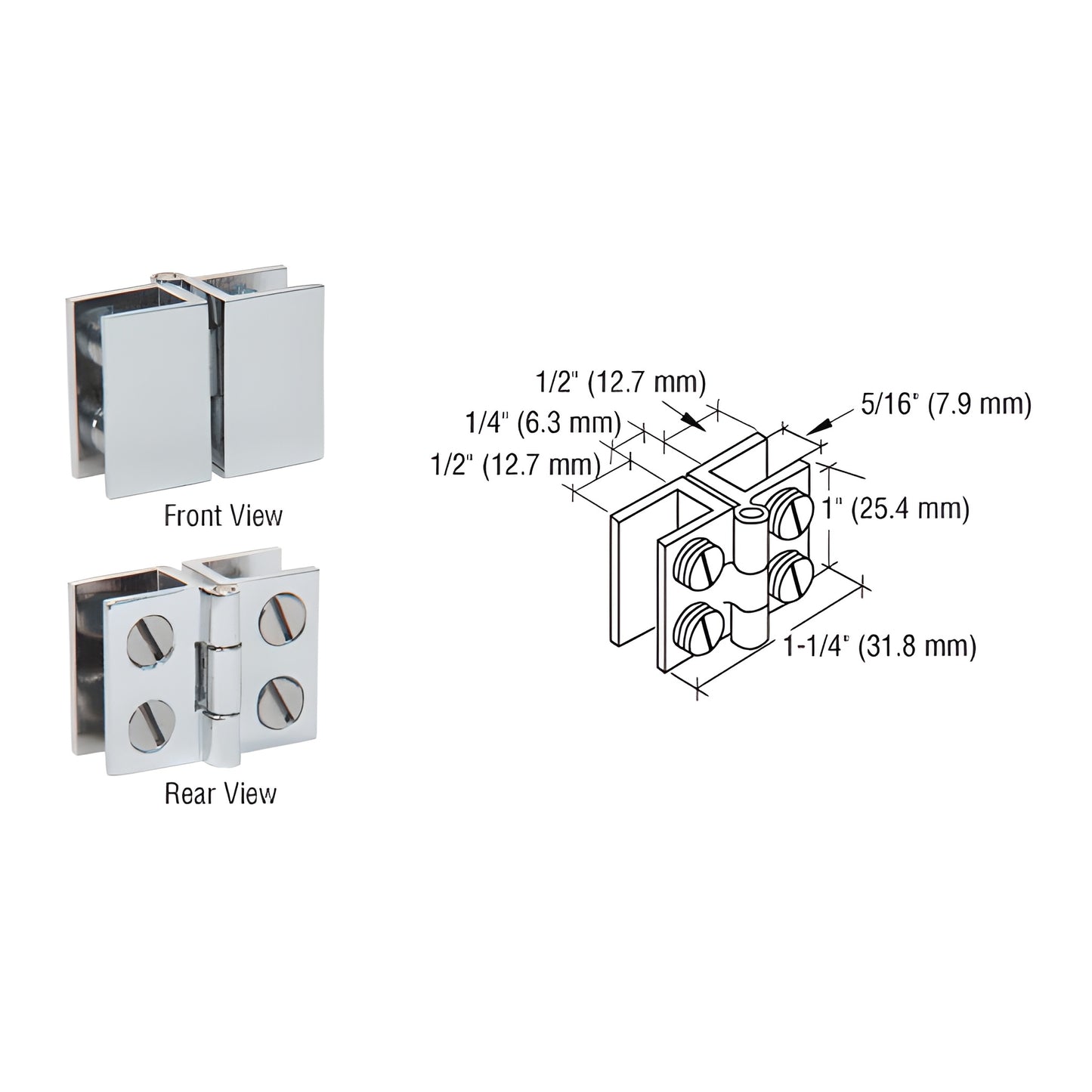 EH180 polished chrome 180 glass-to-glass inswing hinge for 5-6mm glass, brass, front/rear views and dimension diagram, 2-pac
