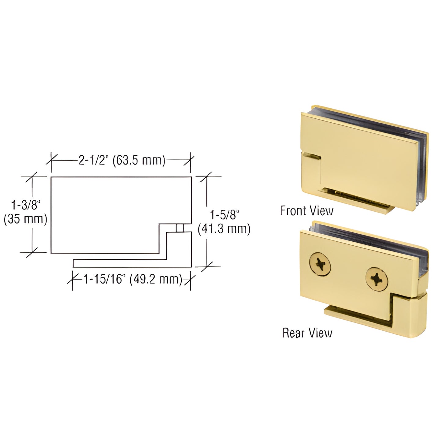 Polished brass surface-mount cabinet pivot hinge (for 6-8mm glass), front and rear views with dimensional diagram
