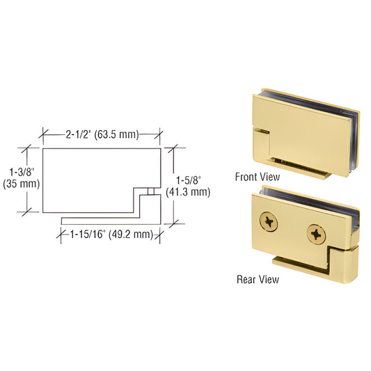 Polished brass surface-mount cabinet pivot hinge (for 6-8mm glass), front and rear views with dimensional diagram