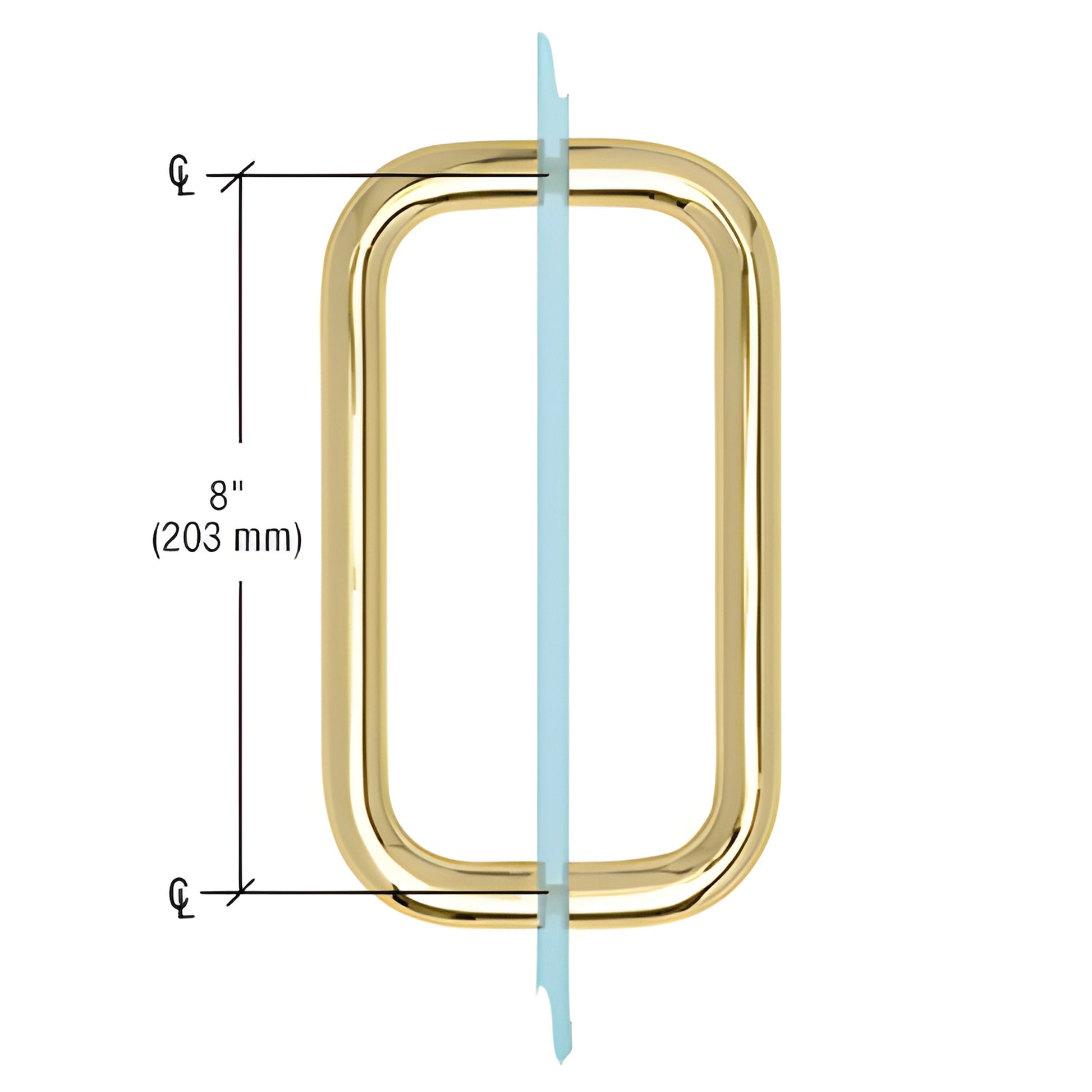 Unlacquered brass back-to-back tubular pull handle, 3/4" dia, 8" C to C for 1/4-1/2" glass (SKU BMNW8X8ULBR)
