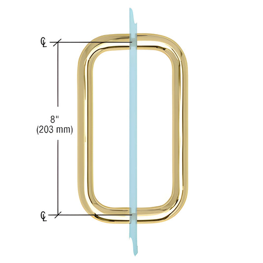 Unlacquered brass back-to-back tubular pull handle, 3/4" dia, 8" C to C for 1/4-1/2" glass (SKU BMNW8X8ULBR)