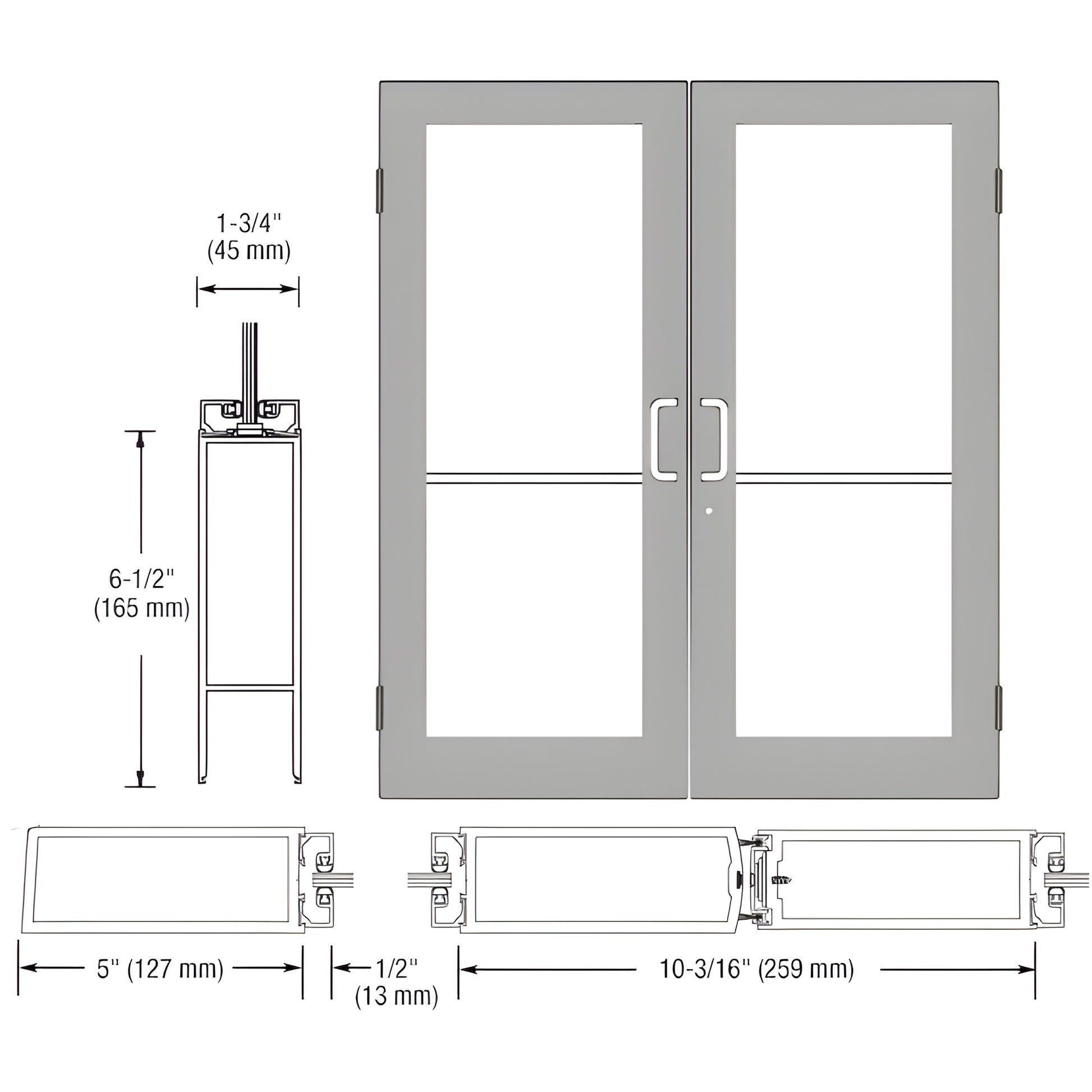SR52511 custom wide-stile showroom double door, clear anodized, 5" stiles, glass-ready, hardware prep