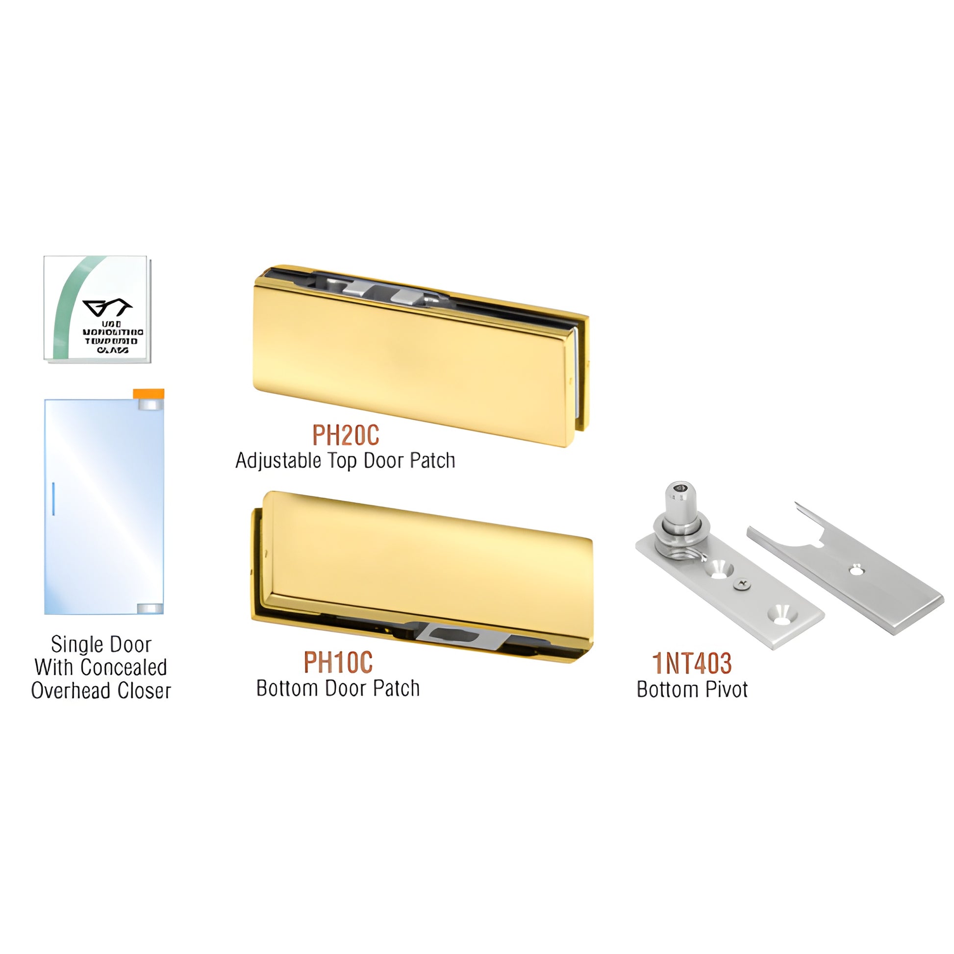 PHA2BR polished brass frameless glass door patch kit: adjustable top patch PH20C, bottom patch PH10C and 1NT403 pivot