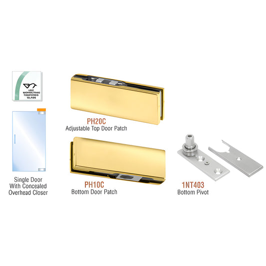 PHA2BR polished brass frameless glass door patch kit: adjustable top patch PH20C, bottom patch PH10C and 1NT403 pivot