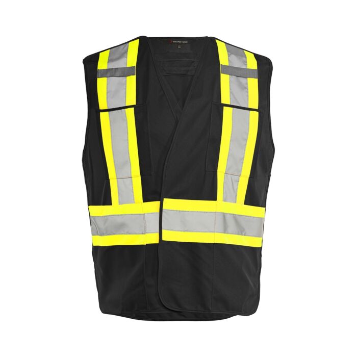 5 Pt. Tearaway Solid Traffic Vest, 4" Reflective Tape, 4 Pockets, Black, Large/XL- 1 Each