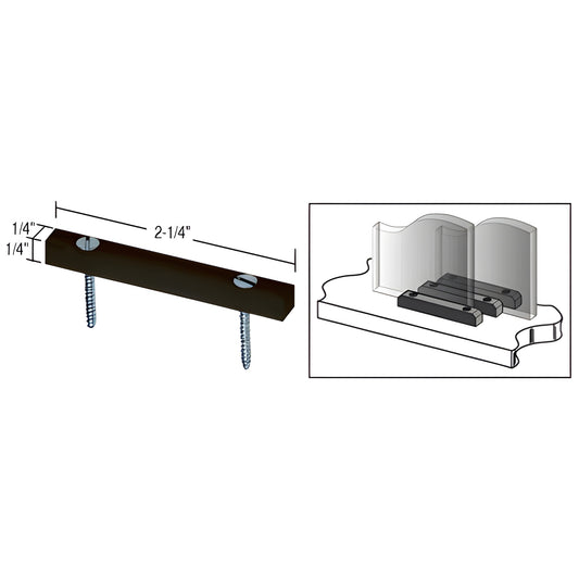 Black nylon lower guide D31 for sliding glass doors, 2-1/4in long with two mounting screws, prevents panel lift-out.