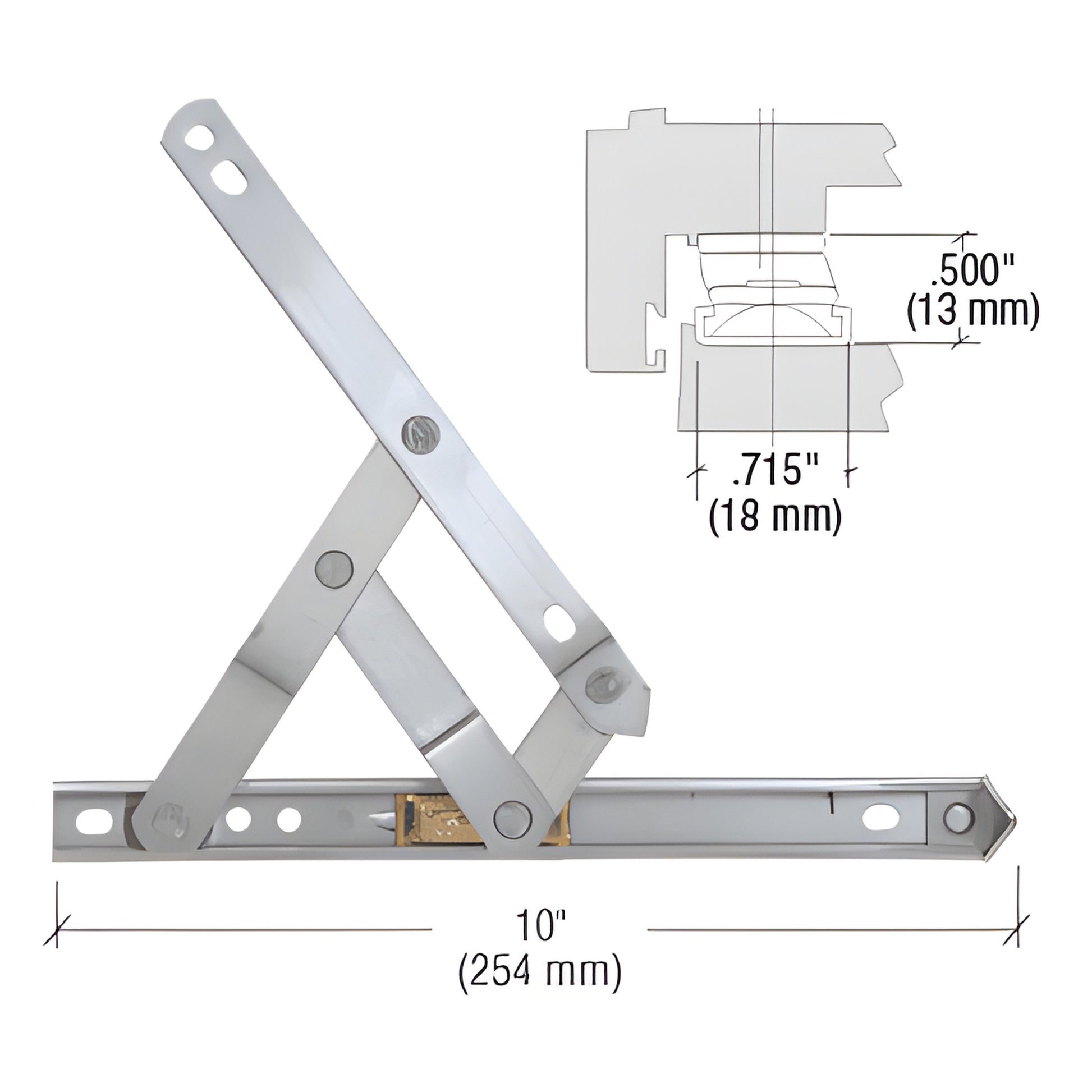 Stainless steel CRL 4-bar hinge SKU 430110, 10-inch, non-handed for casement/awning windows, corrosion-resistant, 23 lb capac