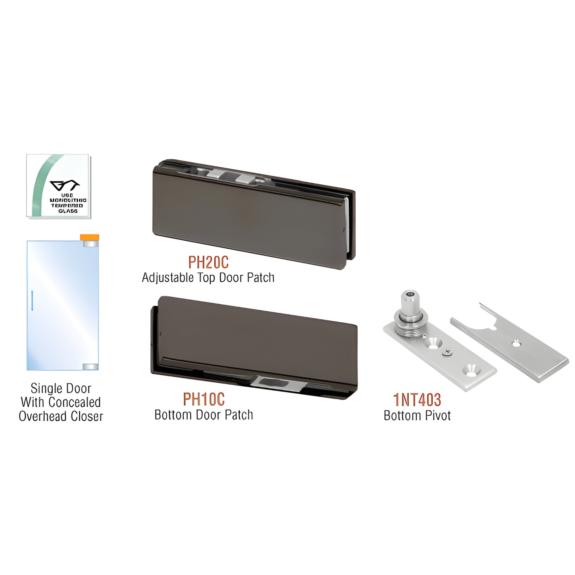 PHA2DU patch door kit - black bronze adjustable top patch, bottom patch and bottom pivot for frameless tempered glass doors.
