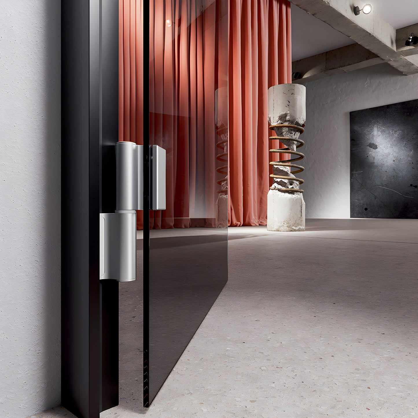 FHEKLSA Satin anodized left-hand Fallbrook glass door hinge, hydraulic hold-open, fits 10-12 mm glass.