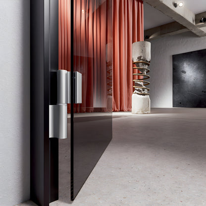 FHEKLSA Satin anodized left-hand Fallbrook glass door hinge, hydraulic hold-open, fits 10-12 mm glass.