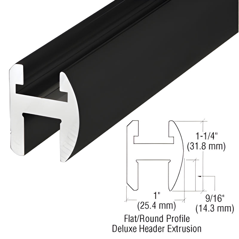 Matte black aluminum deluxe header extrusion (SDH660MBL), flat/round profile for 8-12mm (5/16-1/2") glass, 66" length.