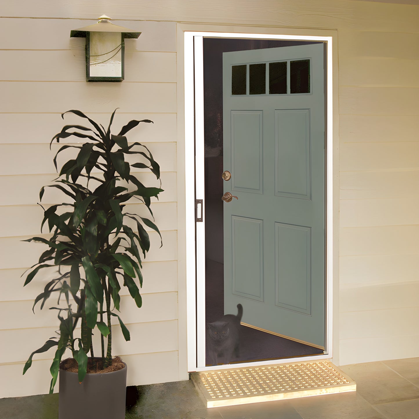 CRL RDS84W white retractable screen door kit 84in with aluminum rails, charcoal mesh and mounting hardware displayed
