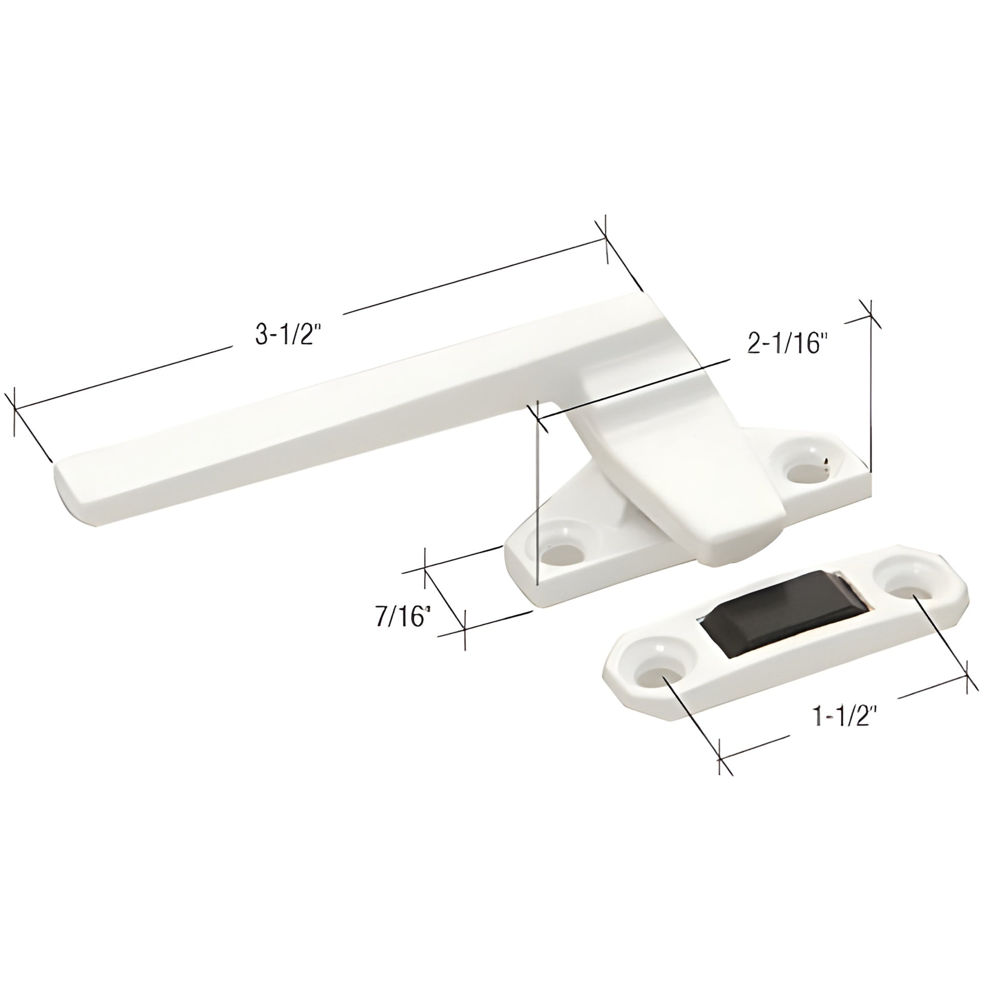 White left-hand diecast casement window locking handle with keeper and strike, 3-1/2" handle - SKU H3820