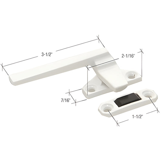 White left-hand diecast casement window locking handle with keeper and strike, 3-1/2" handle - SKU H3820