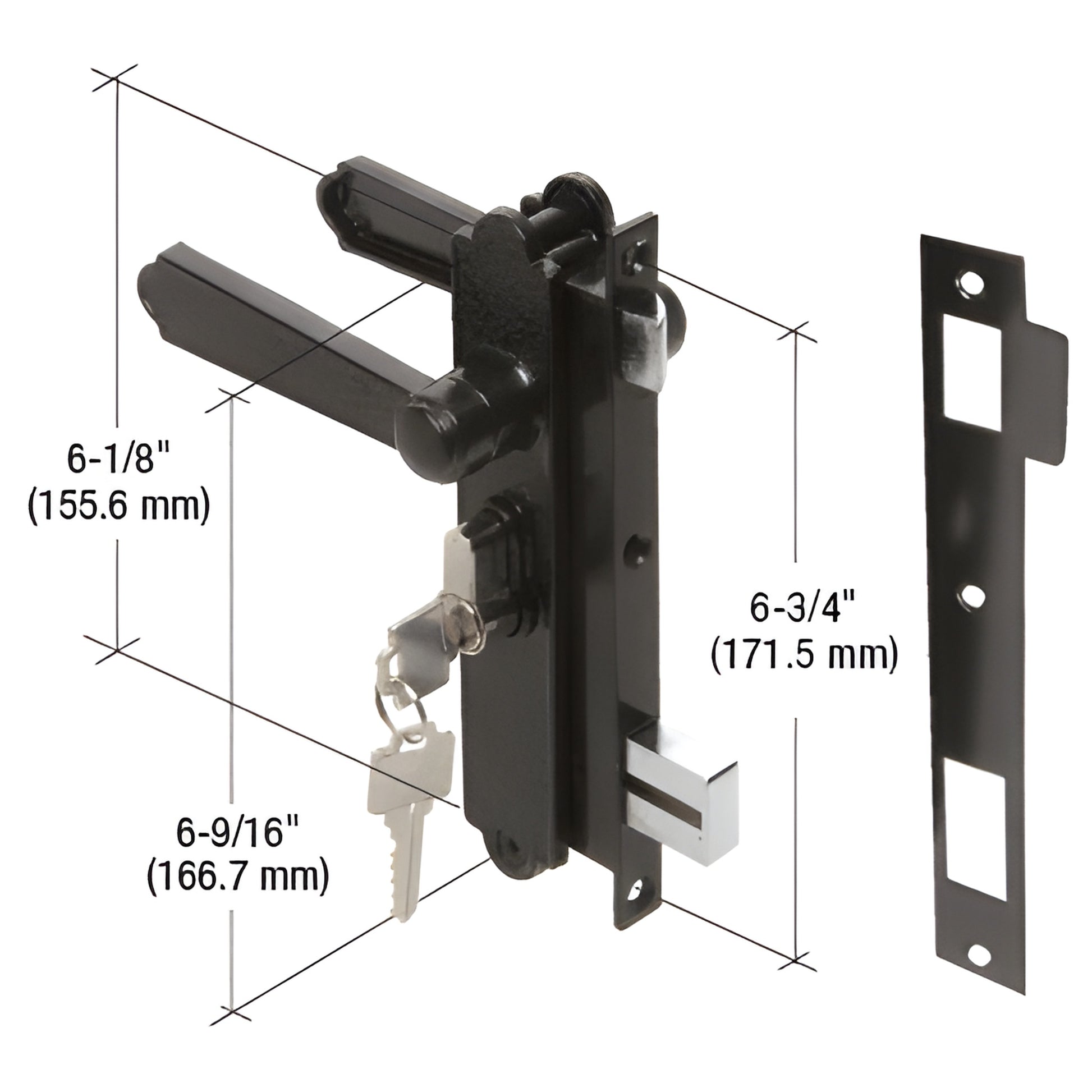 CRL K5092 black diecast mortise lock with reversible latch, lever handles, key cylinder and strike plate.