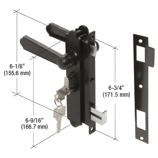 CRL K5092 black diecast mortise lock with reversible latch, lever handles, key cylinder and strike plate.