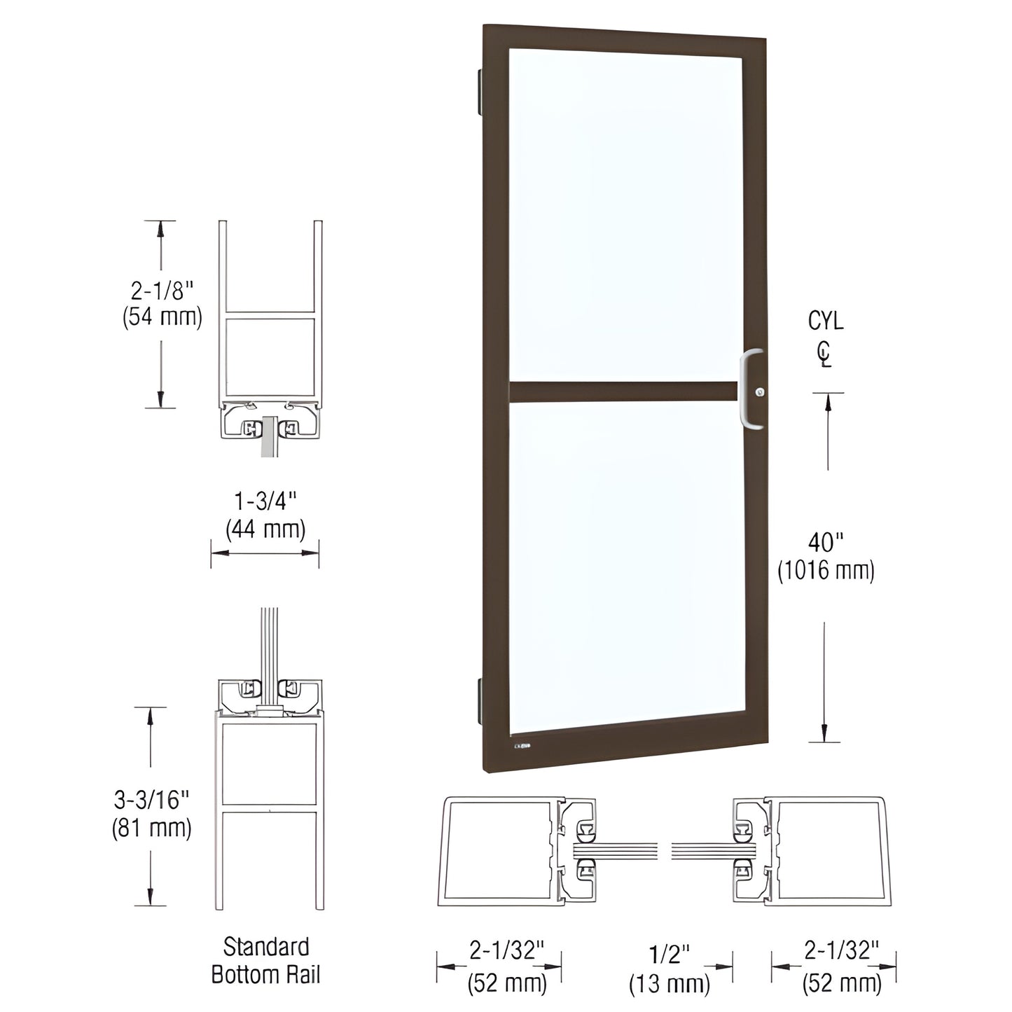 Narrow stile aluminum entrance door, black bronze anodized, 1/4" tempered-glass ready, SKU DR21522R036