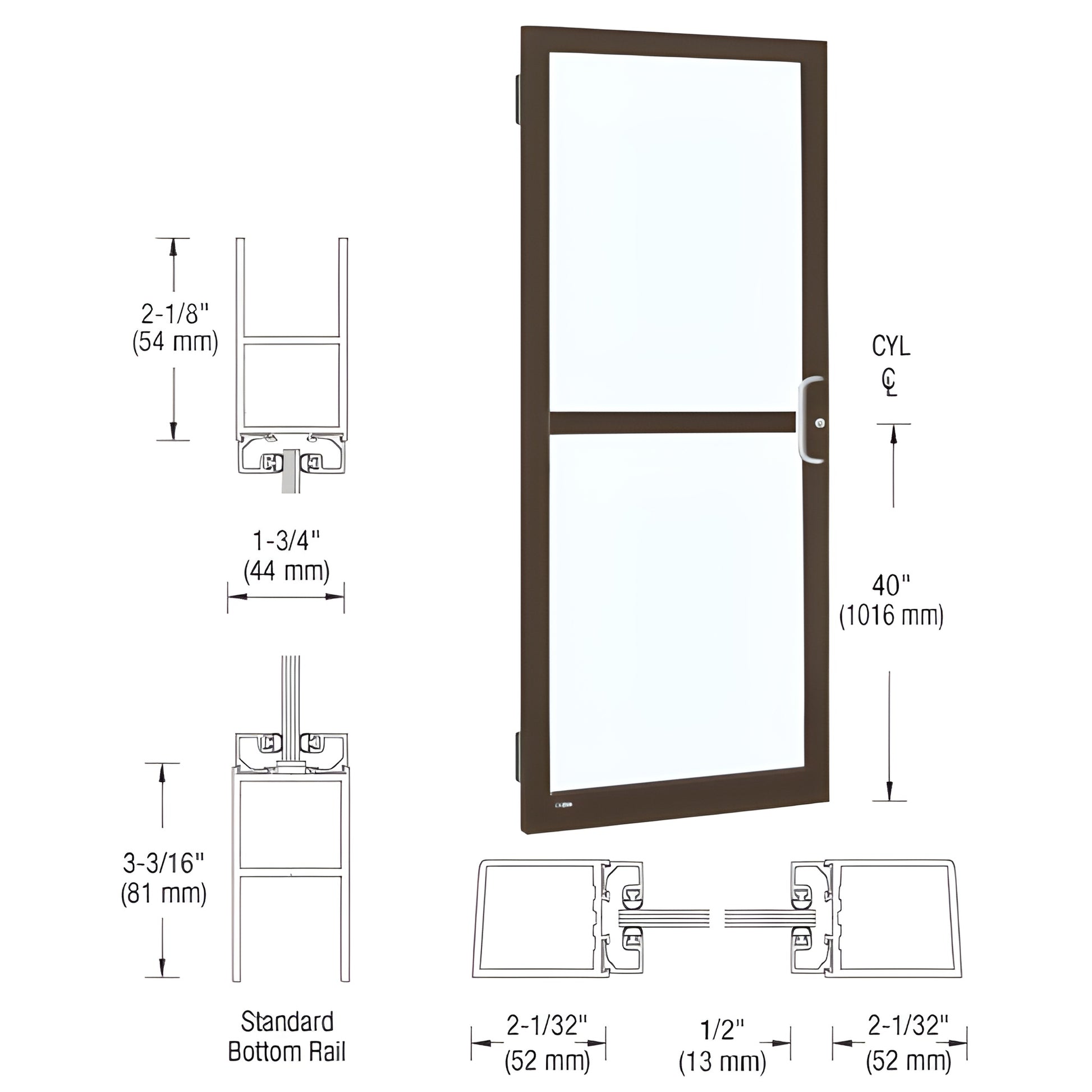 Narrow stile aluminum entrance door, black bronze anodized, 1/4" tempered-glass ready, SKU DR21522R036