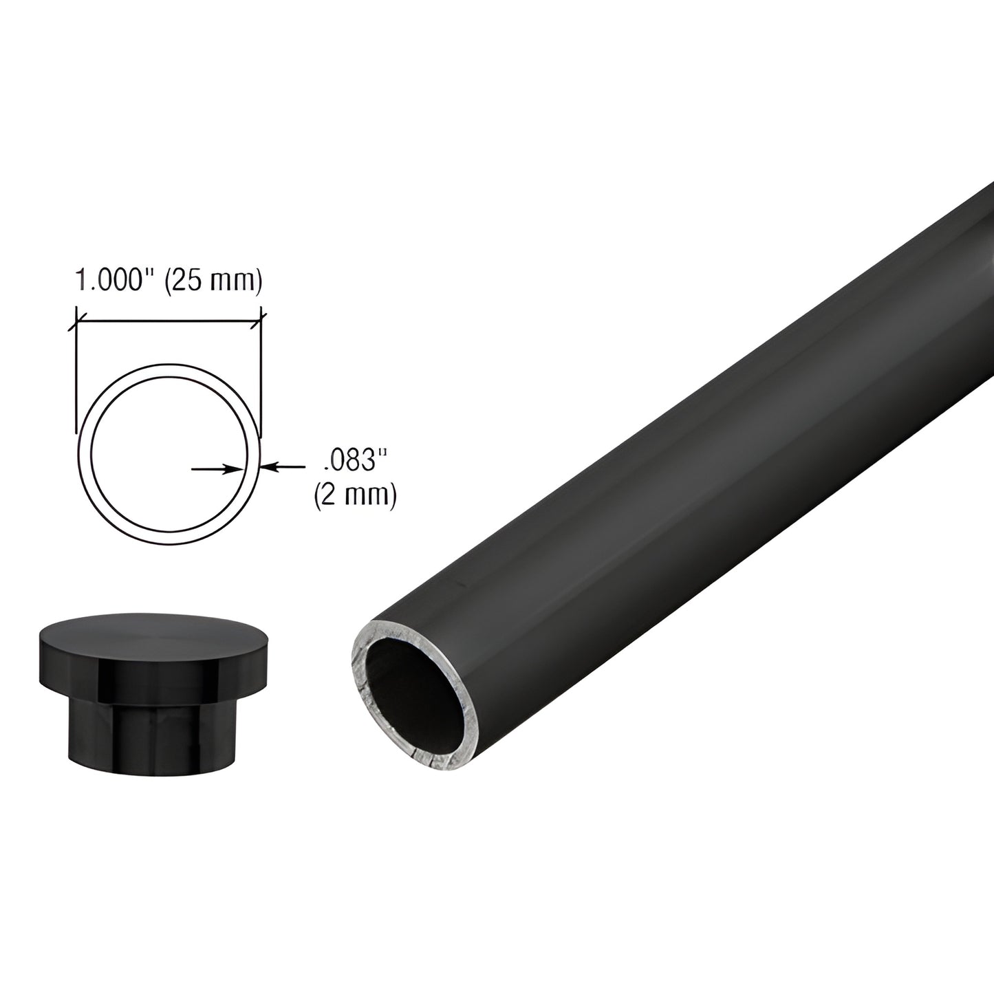 Matte black 1" diameter top sliding tube, 104" long, with matching end cap - SKU LS104MBL