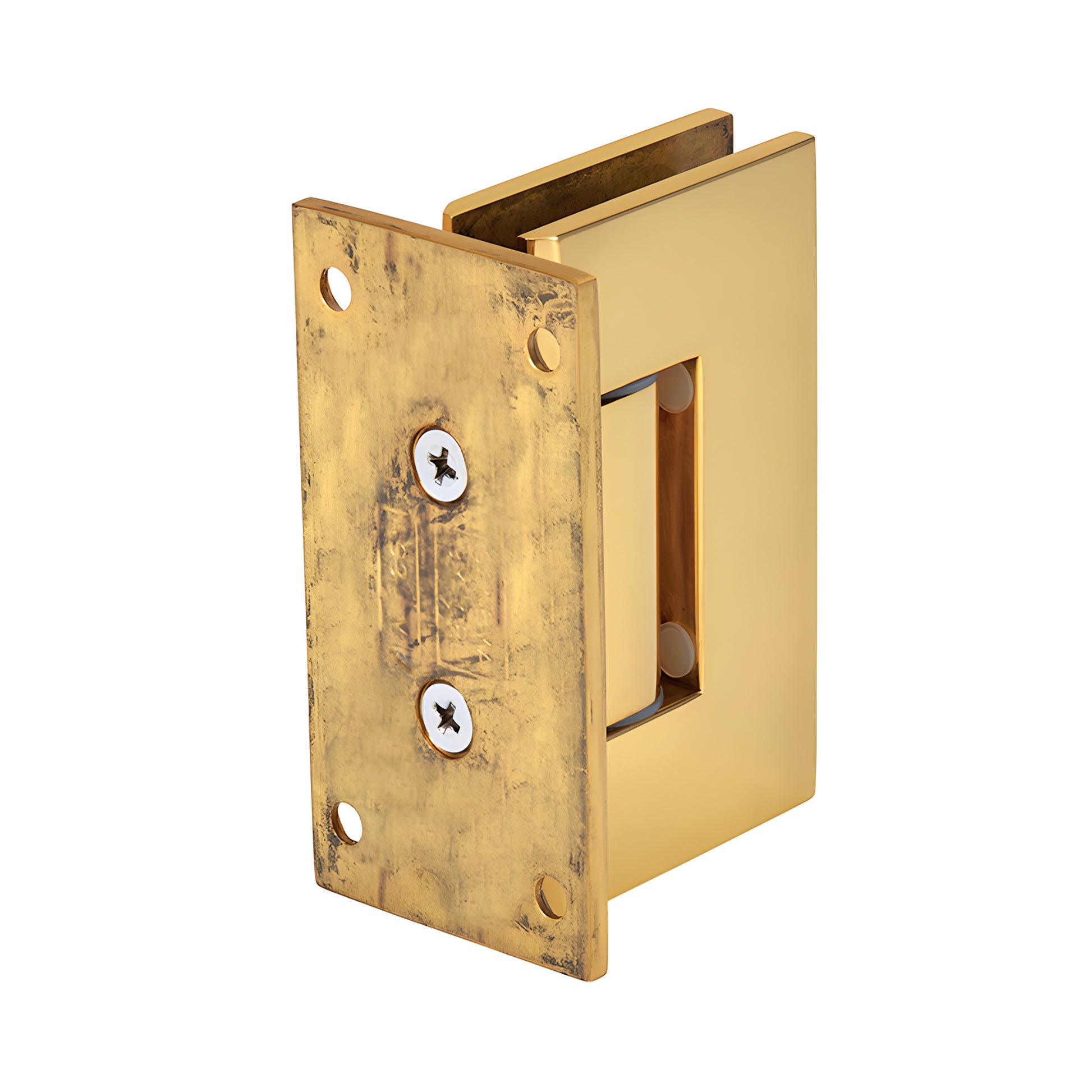 French gold brass Vienna shower door hinge with full back plate, fits 3/8-1/2 tempered glass, wall-mount.