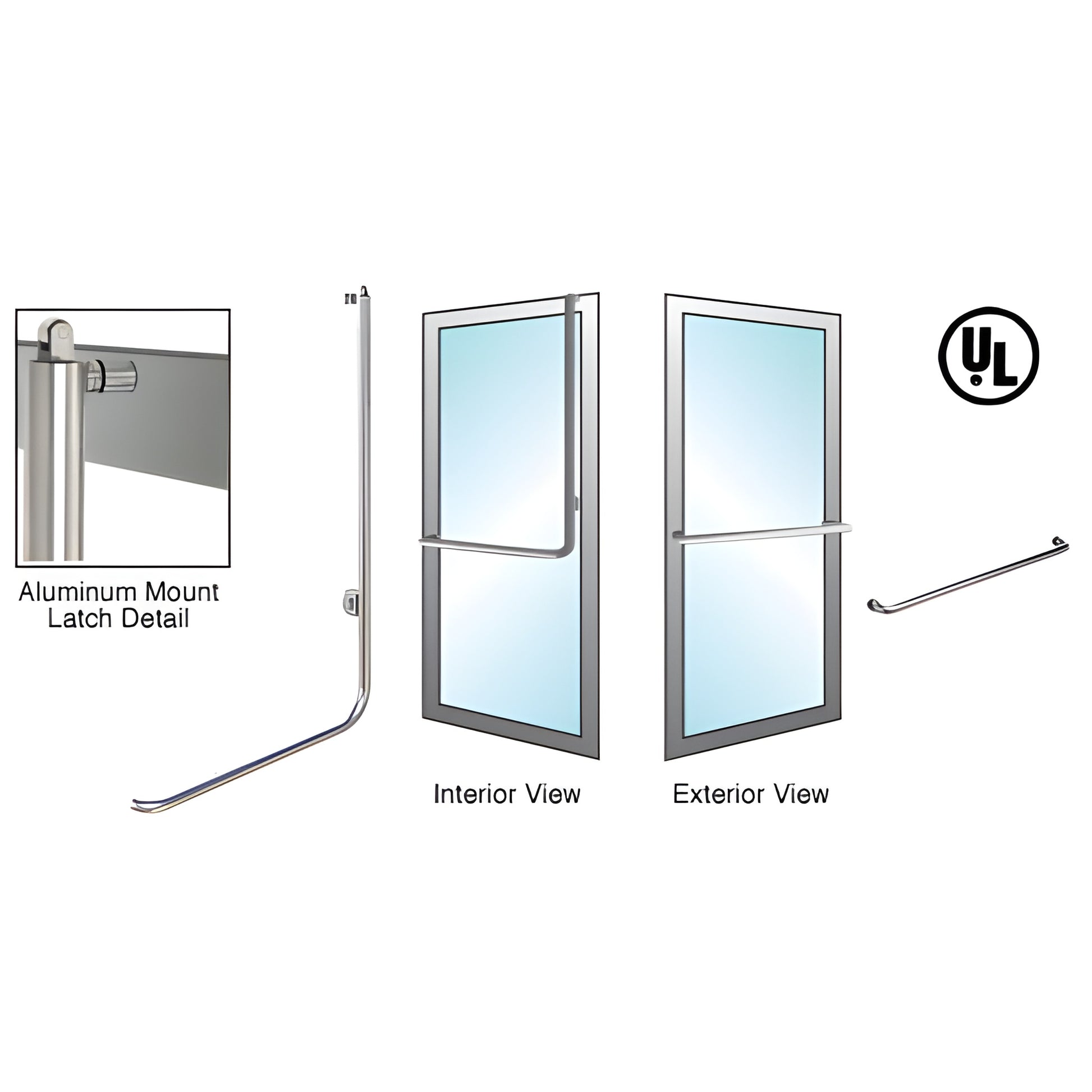 Brushed stainless tubular panic handle for 1/2" or 3/4" glass doors, 1-1/4" tube, right-hand reverse (SKU PA100A3AKBS)