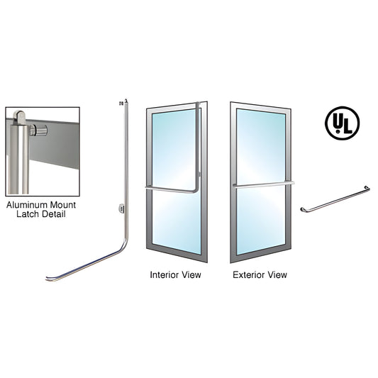 Brushed stainless tubular panic handle for 1/2" or 3/4" glass doors, 1-1/4" tube, right-hand reverse (SKU PA100A3AKBS)