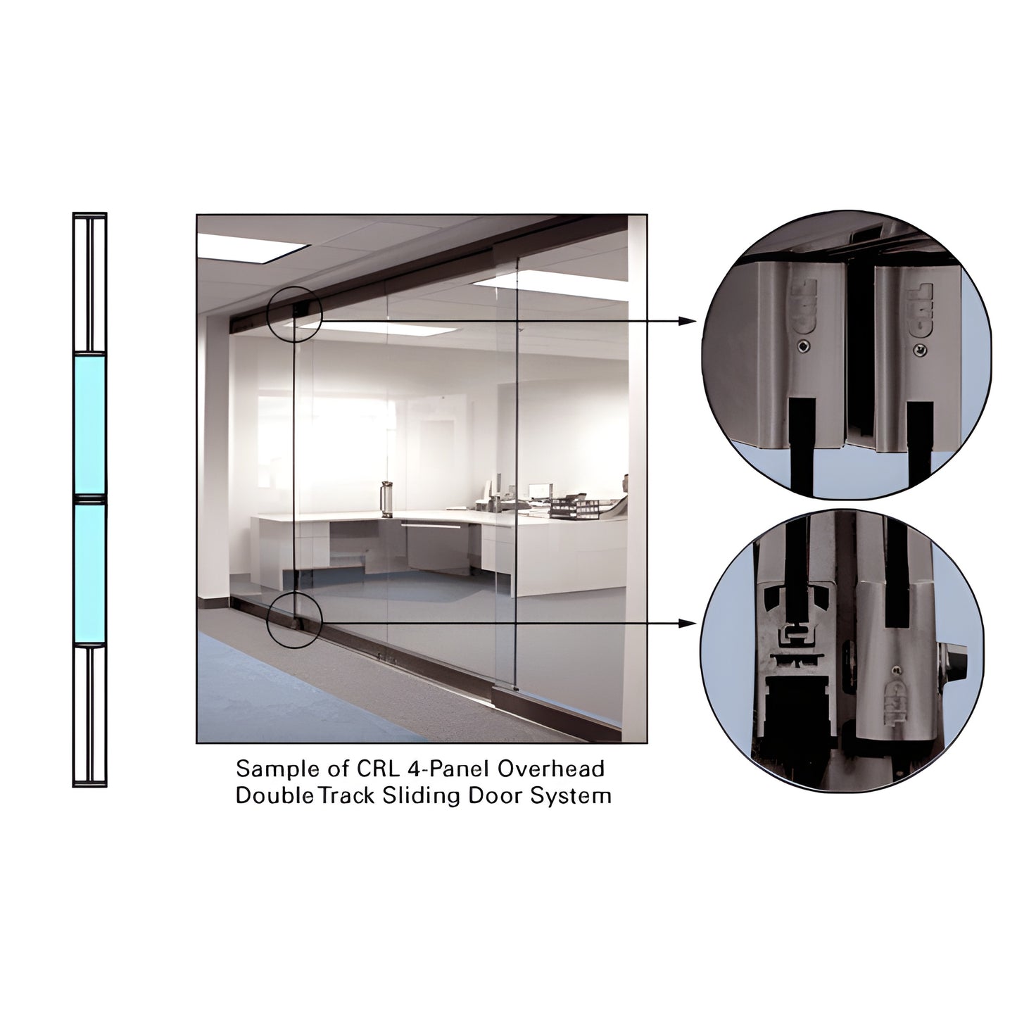 Black-bronze overhead sliding glass door, 2-panel bi-part with flush bottom threshold and carriage close-ups