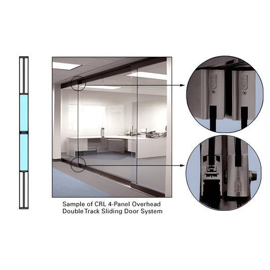 Black-bronze overhead sliding glass door, 2-panel bi-part with flush bottom threshold and carriage close-ups