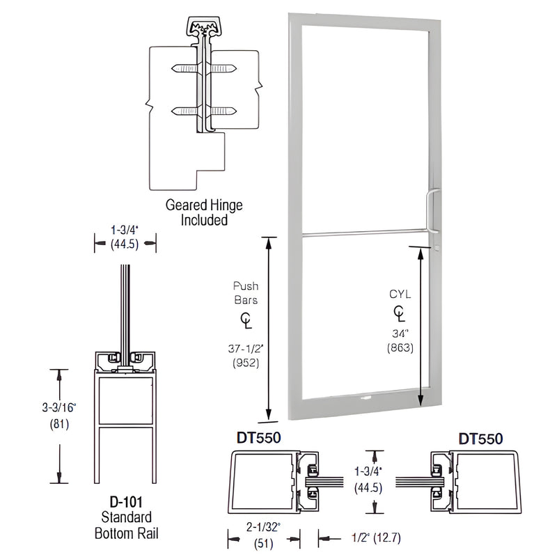 36x84 Clear anodized narrow-stile single glass door, left-hand geared hinge, 1/4" glass - SKU DC21811R036