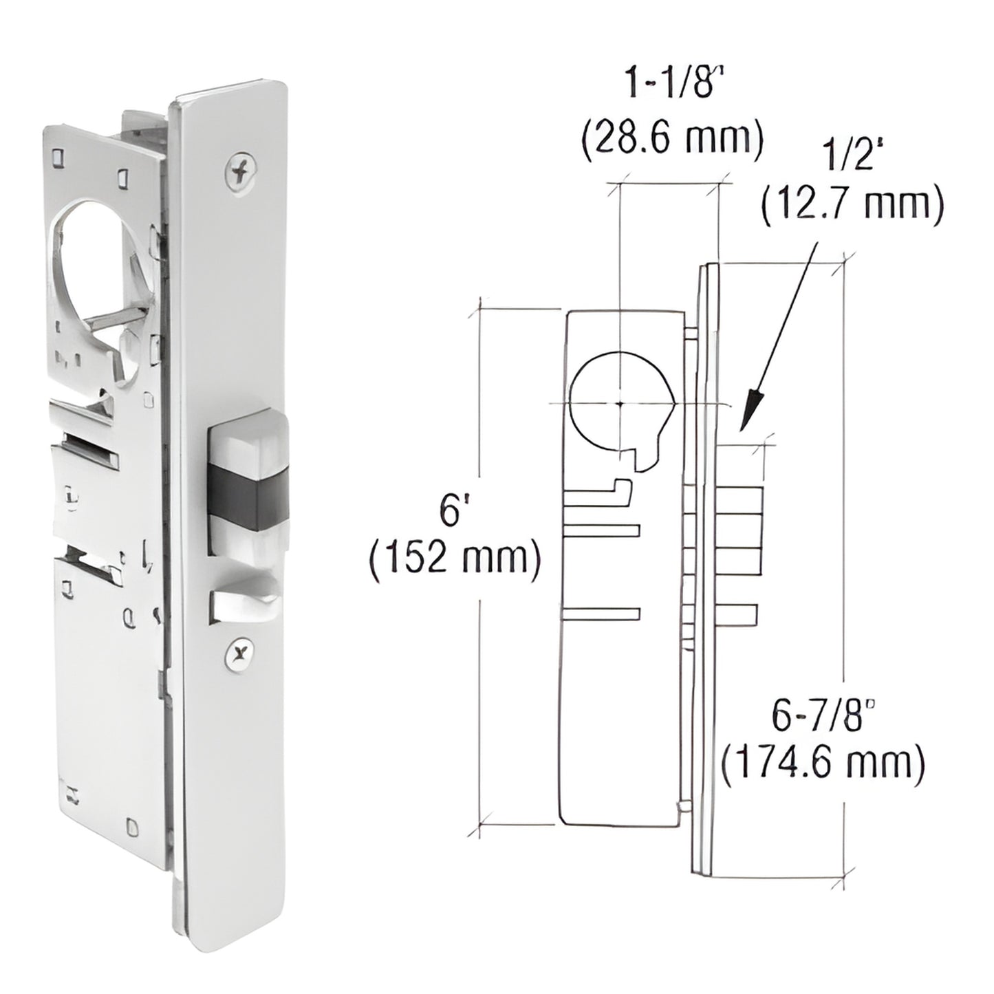 CRL DL2140BRH narrow-stile aluminum door deadlock, 1/2" throw hardened steel latch with dimensional diagram