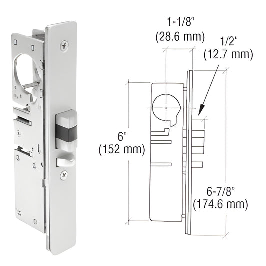 CRL DL2140BRH narrow-stile aluminum door deadlock, 1/2" throw hardened steel latch with dimensional diagram
