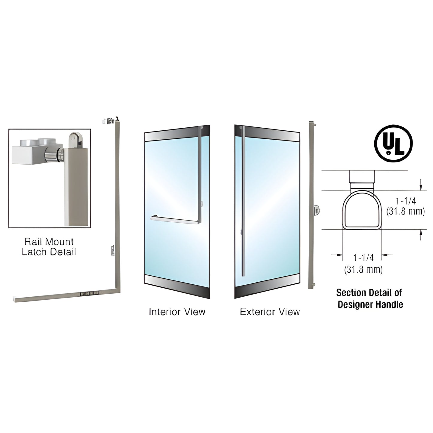 PA100 brushed stainless tubular panic handle for 1/2 or 3/4 in glass doors, interior and exterior views. SKU 3DP100FS3RKBS
