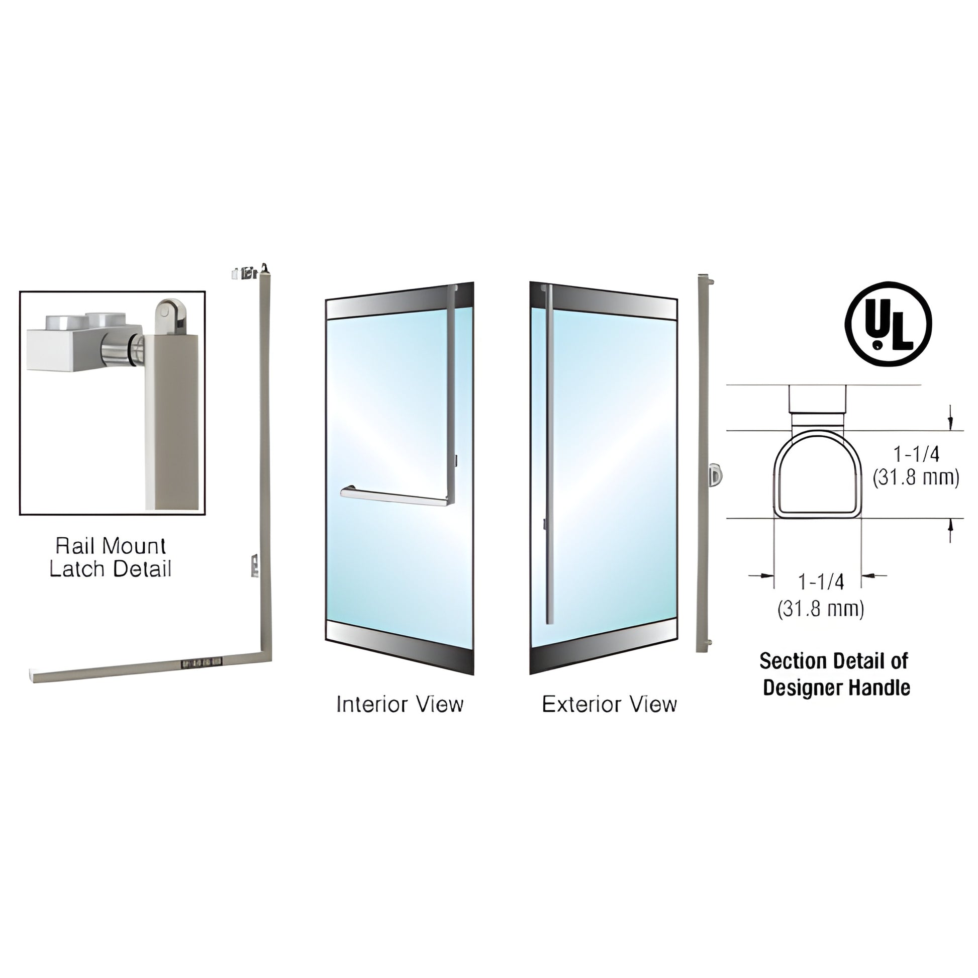 PA100 brushed stainless tubular panic handle for 1/2 or 3/4 in glass doors, interior and exterior views. SKU 3DP100FS3RKBS