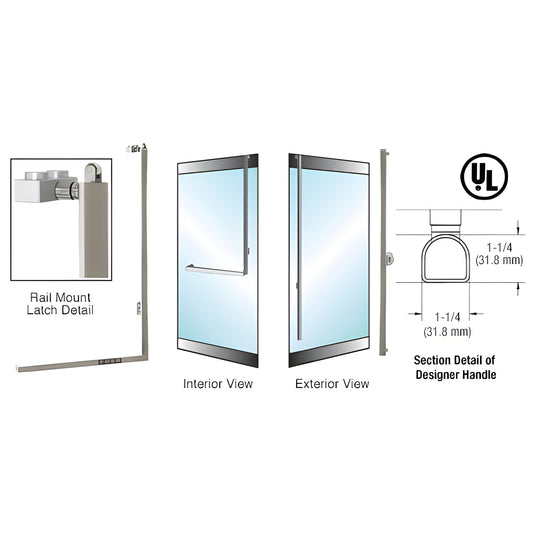 PA100 brushed stainless tubular panic handle for 1/2 or 3/4 in glass doors, interior and exterior views. SKU 3DP100FS3RKBS