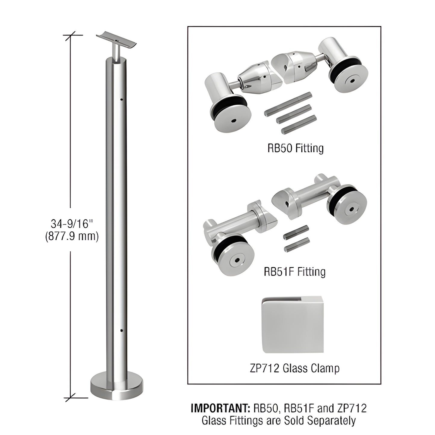 Stainless steel surface-mounted post railing kit P7F36EPS, 34-9/16" tall with base plate; glass fittings sold separately.