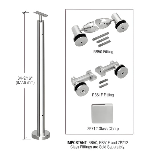 Stainless steel surface-mounted post railing kit P7F36EPS, 34-9/16" tall with base plate; glass fittings sold separately.