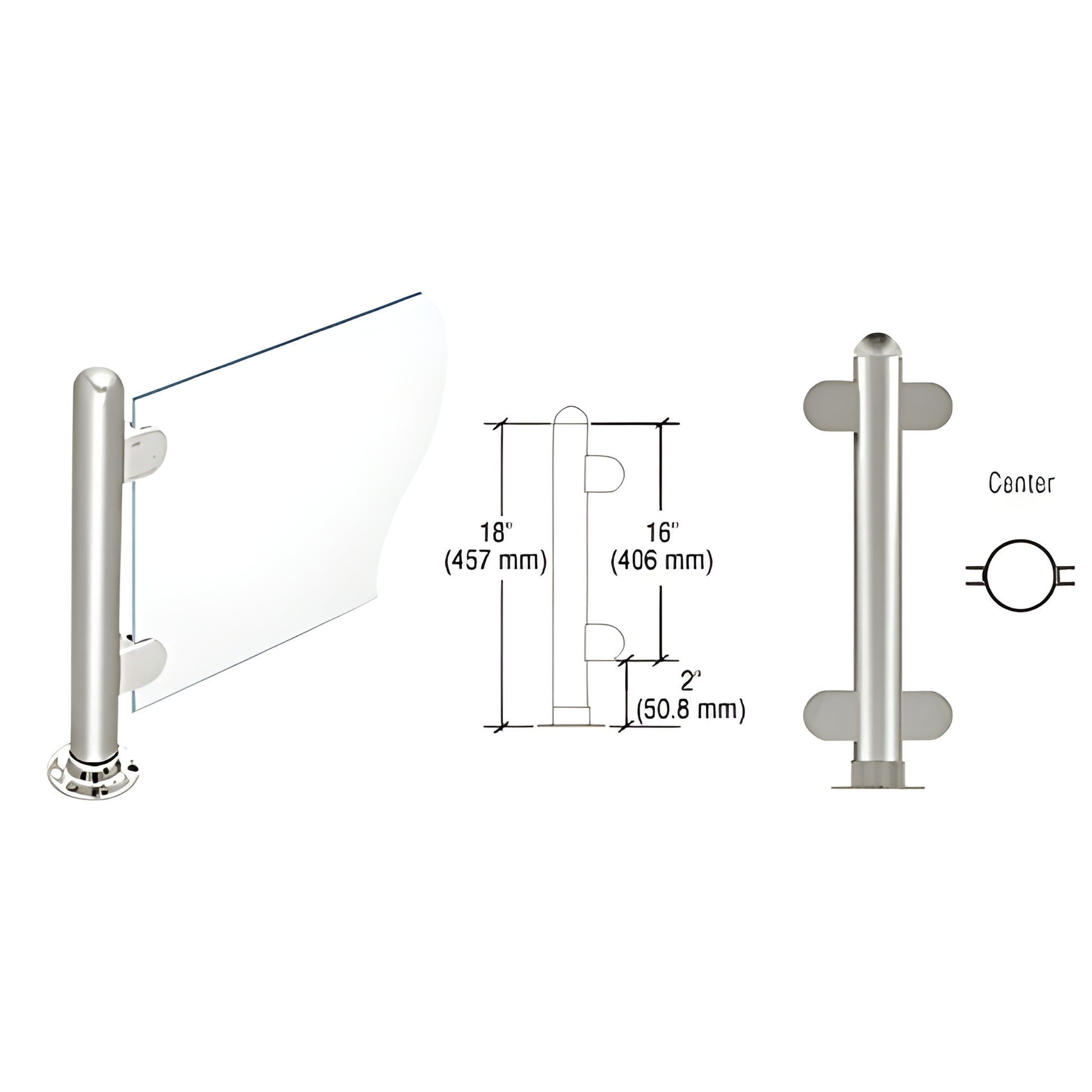 PP07CPS 18" stainless steel round partition post with dome cap, adhesive round flange and two Z style glass clamps