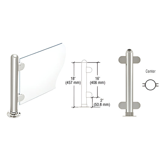 PP07CPS 18" stainless steel round partition post with dome cap, adhesive round flange and two Z style glass clamps