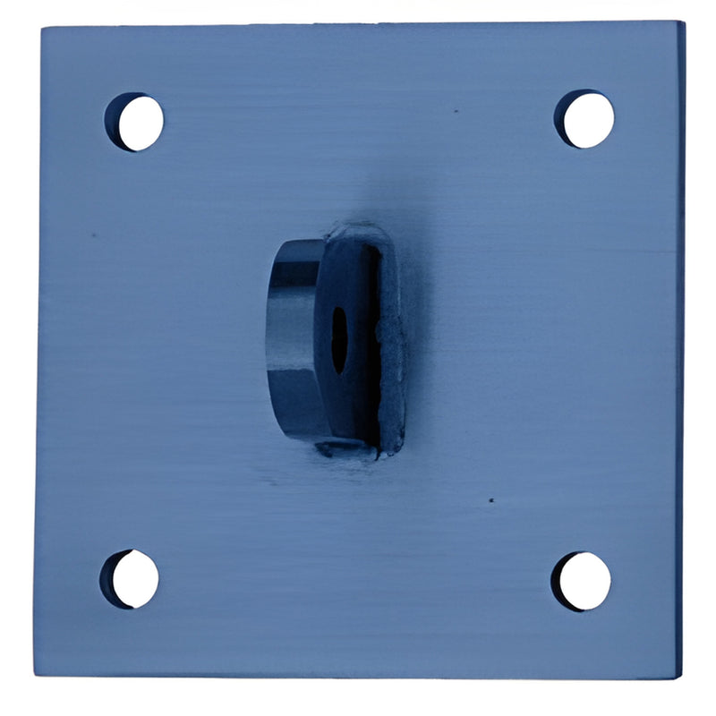 Square brushed stainless mounting plate with four corner bolt holes and central raised circular boss for glass awning