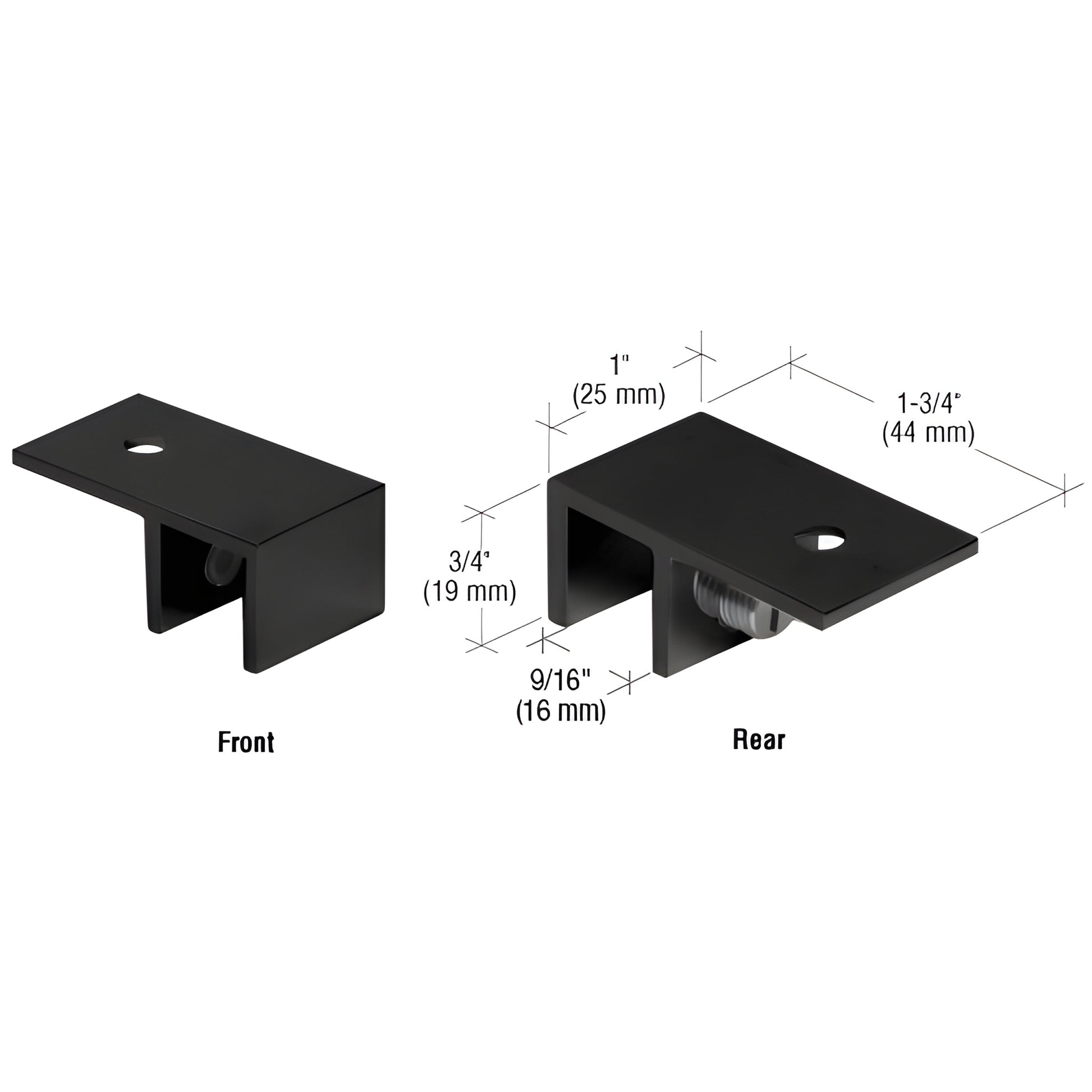 Matte black brass ceiling-mount sleeve-over-glass clamp (SKU S0GC01MBL) for 8-12mm tempered glass, shown front and rear.