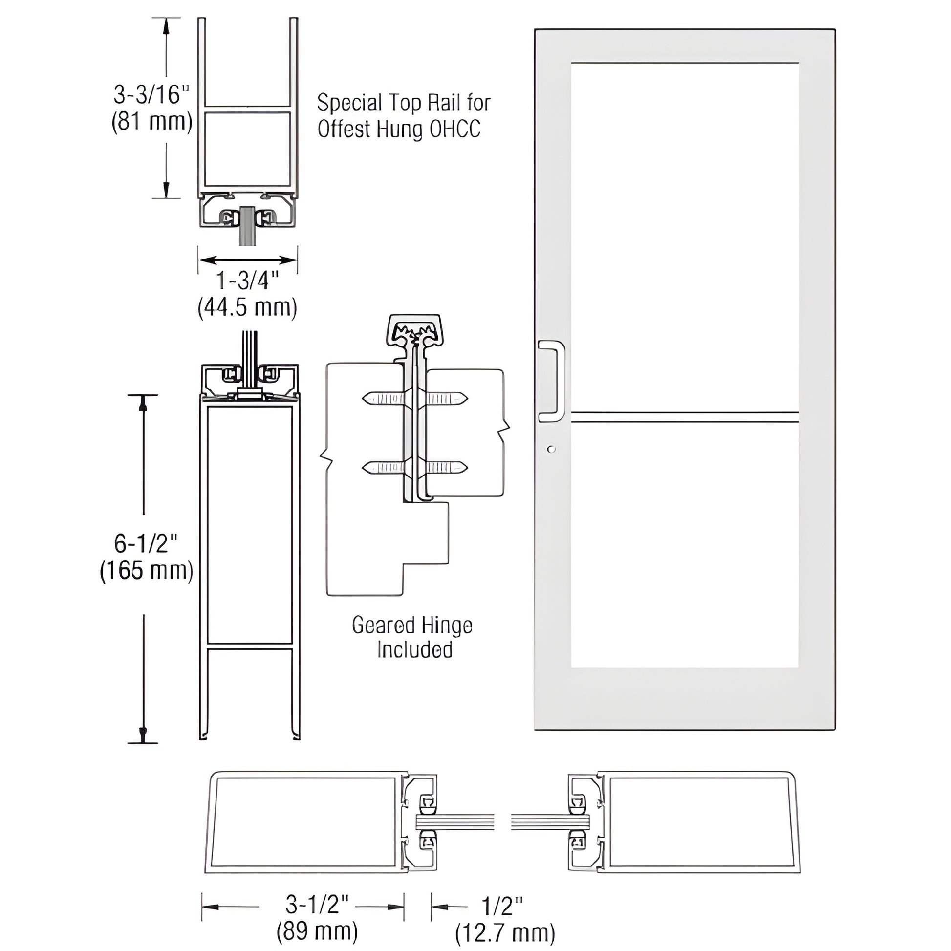 Commercial white Kynar medium-stile entrance door (SKU DC41952) drawing; 31 2" stiles, 61 2" bottom rail, geared hinge, 1/4" glas