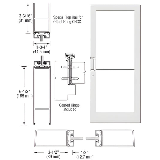 Commercial white Kynar medium-stile entrance door (SKU DC41952) drawing; 31 2" stiles, 61 2" bottom rail, geared hinge, 1/4" glas