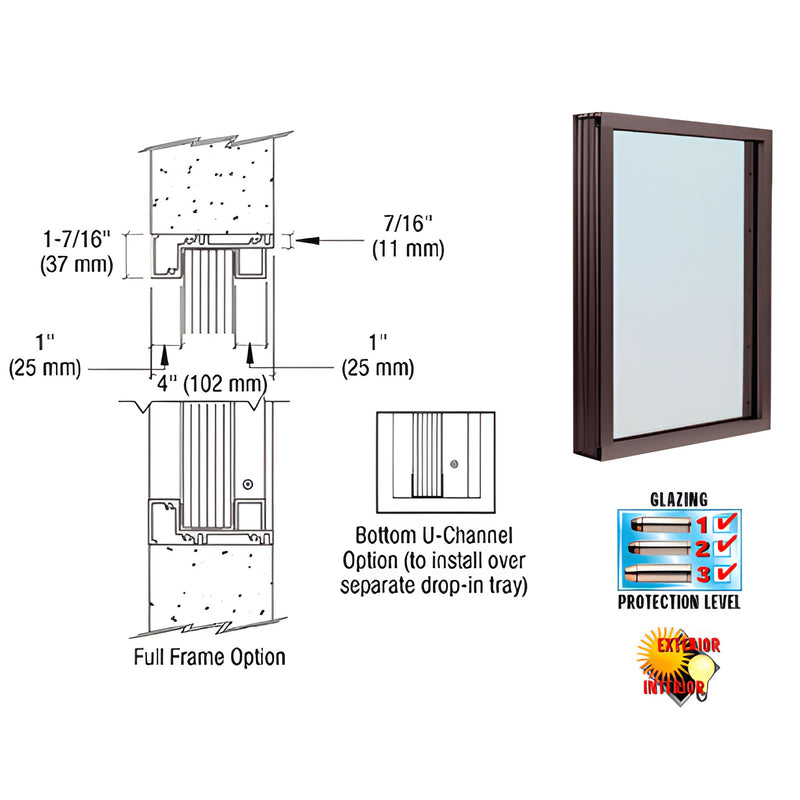 CRL N1VEDU narrow inset vision window, Duranodic bronze frame, glazed, 4 in. wall depth, weathertight for walk-up counters.