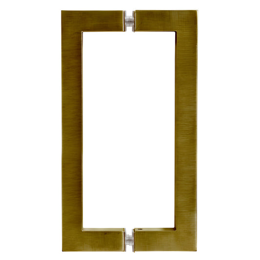 CRL SQ Series square-corner back-to-back glass pull handle, 8 in center-to-center, vintage brass (SKU SQ8X8VBR)